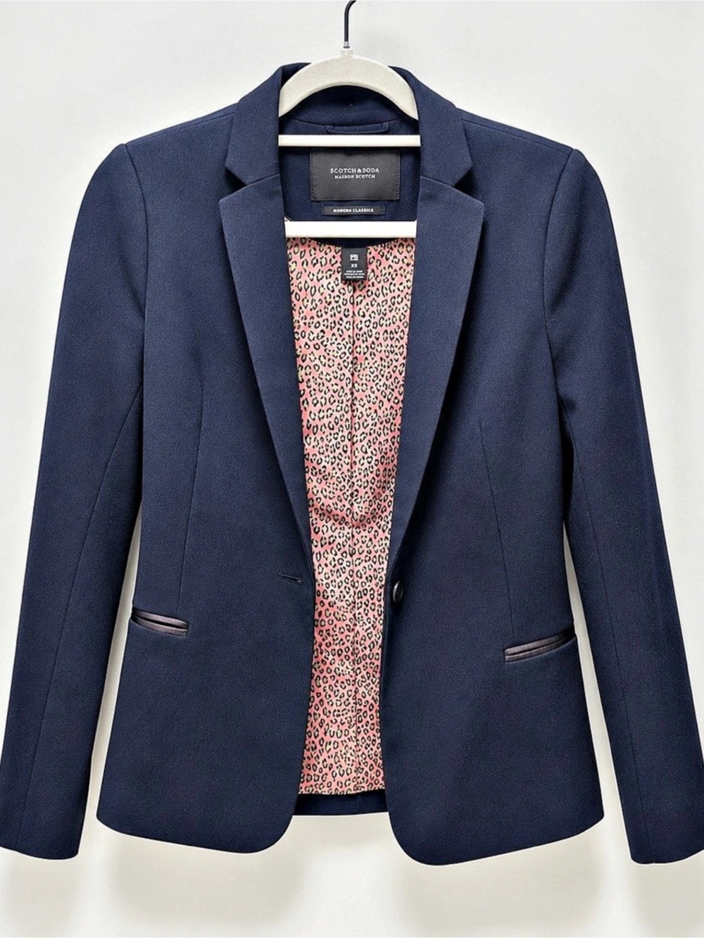 Scotch & Soda Maison Scotch Navy Blue Tailored Blazer Pink Leopard Lining XS